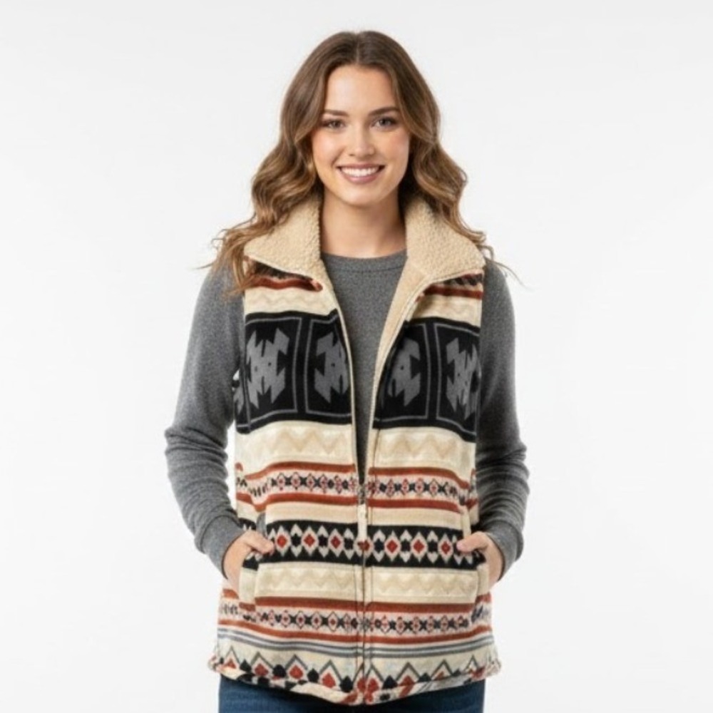 Great Northwest Indigo Women L Vest Fleece Sherpa Lined  Southwest Aztec‎ Boho